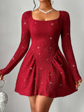 Backless Glitter Square Neck Long Sleeve Mini Dress - Trendsi - Flyclothing LLC