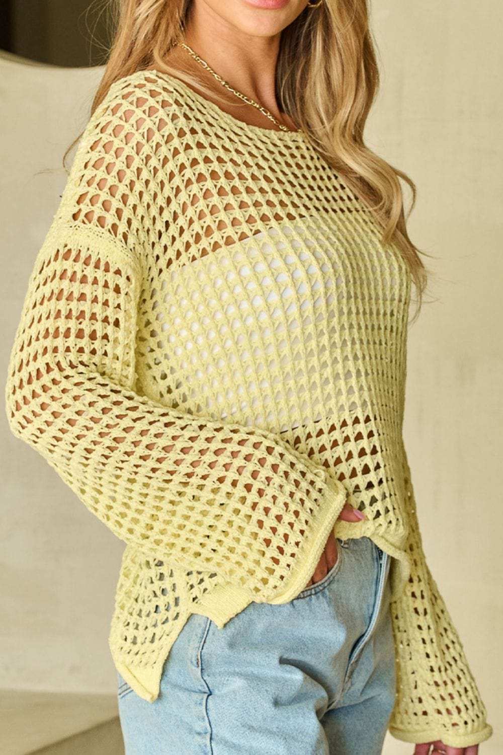 Openwork Round Neck Dropped Shoulder Knit Cover Up - Trendsi - Flyclothing LLC