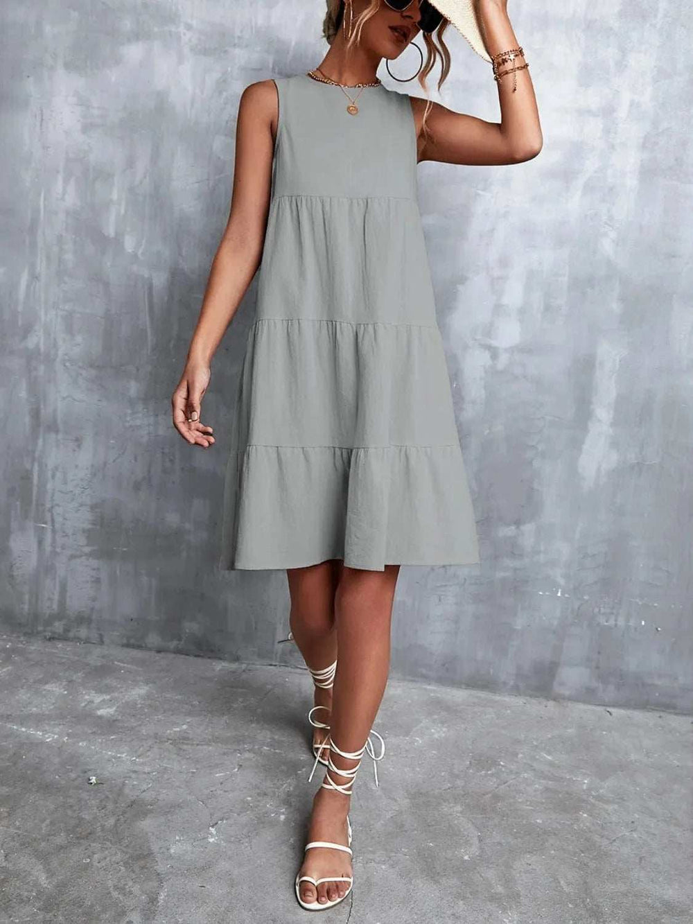 Tiered Round Neck Sleeveless Mini Tank Dress - Trendsi - Flyclothing LLC