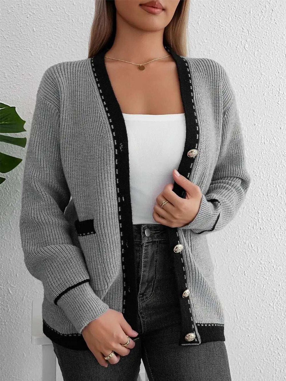 Contrast Trim Button Up Long Sleeve Cardigan - Trendsi - Flyclothing LLC