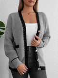 Contrast Trim Button Up Long Sleeve Cardigan - Trendsi - Flyclothing LLC