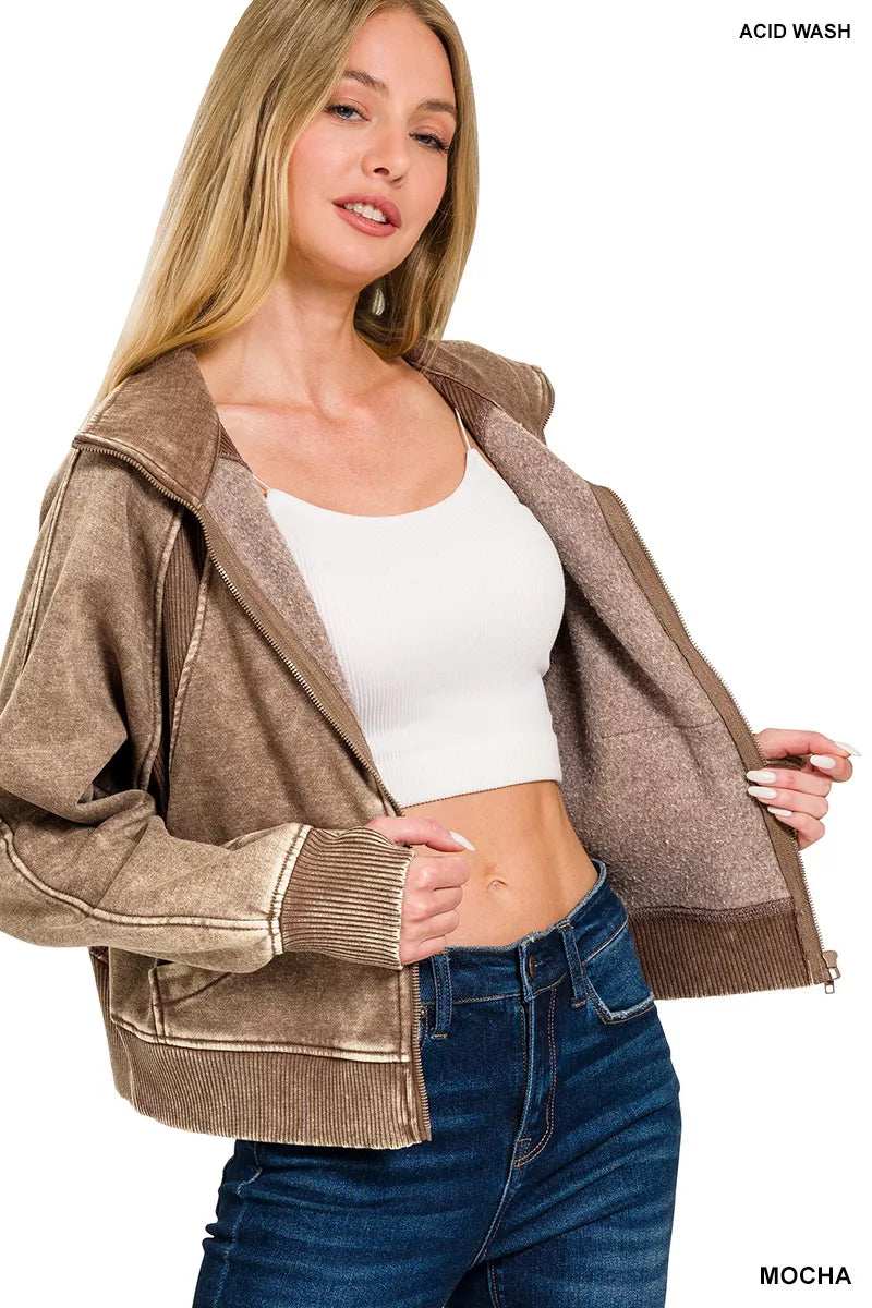 Zenana Acid Wash Zip Up Fleece Jacket - Trendsi - Flyclothing LLC