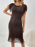 Fringe Openwork Boat Neck Knit Dress - Trendsi - Flyclothing LLC