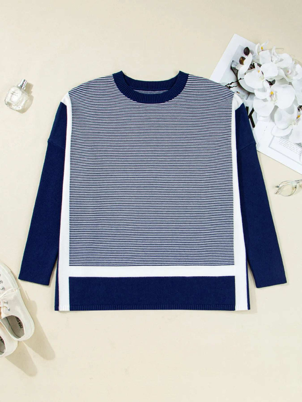 Stripe Dolman Oversize Tunic Sweater - Trendsi - Flyclothing LLC