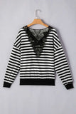 Striped Lace Detail V Neck Top - Trendsi - Flyclothing LLC