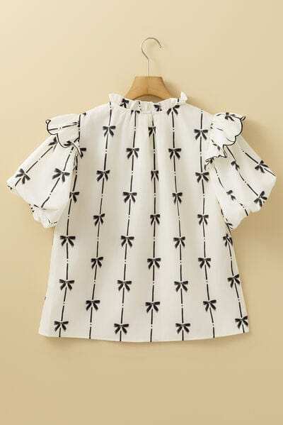 Bow Print Tie Neck Short Sleeve Blouse - Trendsi - Flyclothing LLC