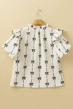 Bow Print Tie Neck Short Sleeve Blouse - Trendsi - Flyclothing LLC