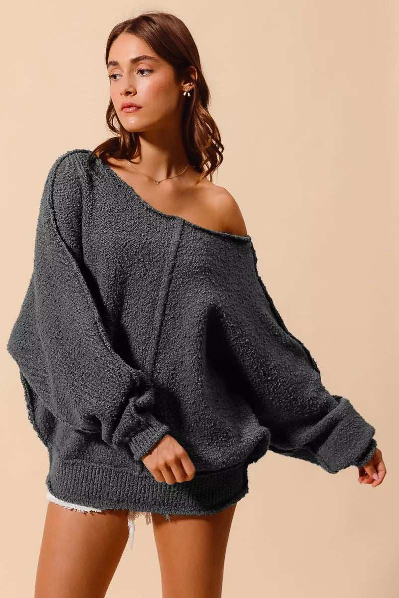 SO ME Loose Fit Exposed Seam Slouchy Boucle Sweater - Trendsi - Flyclothing LLC