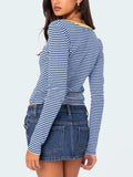 Buttoned Striped Long Sleeve T-Shirt - Trendsi - Flyclothing LLC