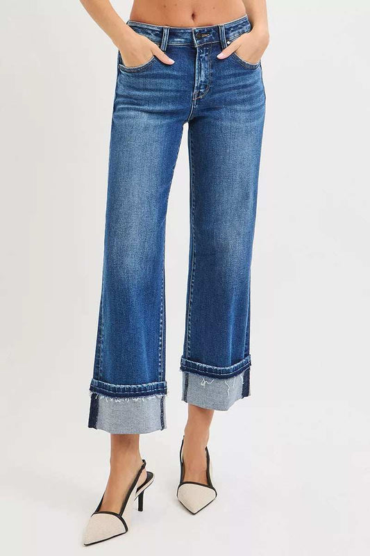 RISEN Mid Rise Ankle Straight Jeans with Cuffed Hem - Trendsi - Flyclothing LLC