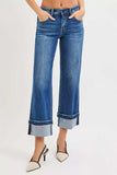RISEN Mid Rise Ankle Straight Jeans with Cuffed Hem - Trendsi - Flyclothing LLC