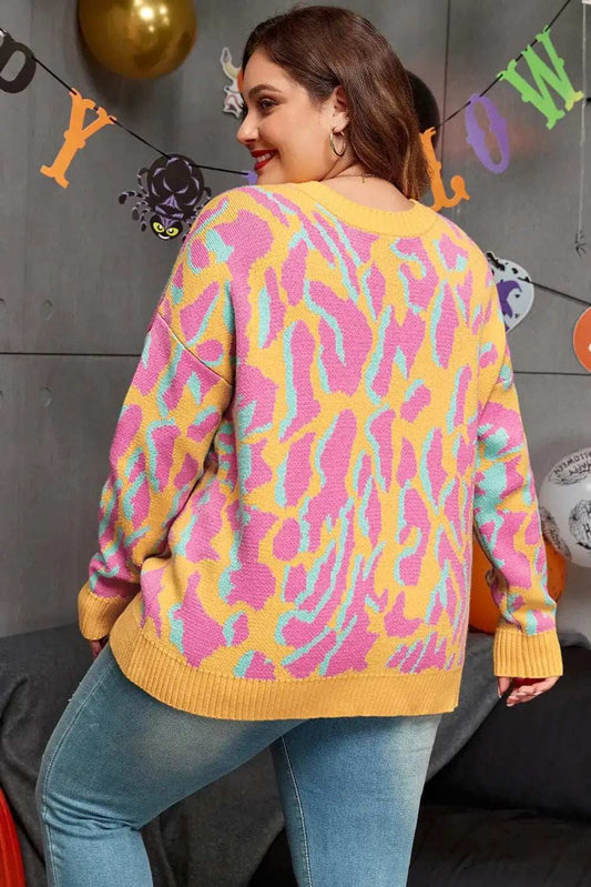 Plus Size Contrast Round Neck Long Sleeve Sweater - Trendsi - Flyclothing LLC