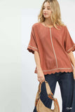 Umgee Linen Blend Scallop Trim Top - Trendsi - Flyclothing LLC