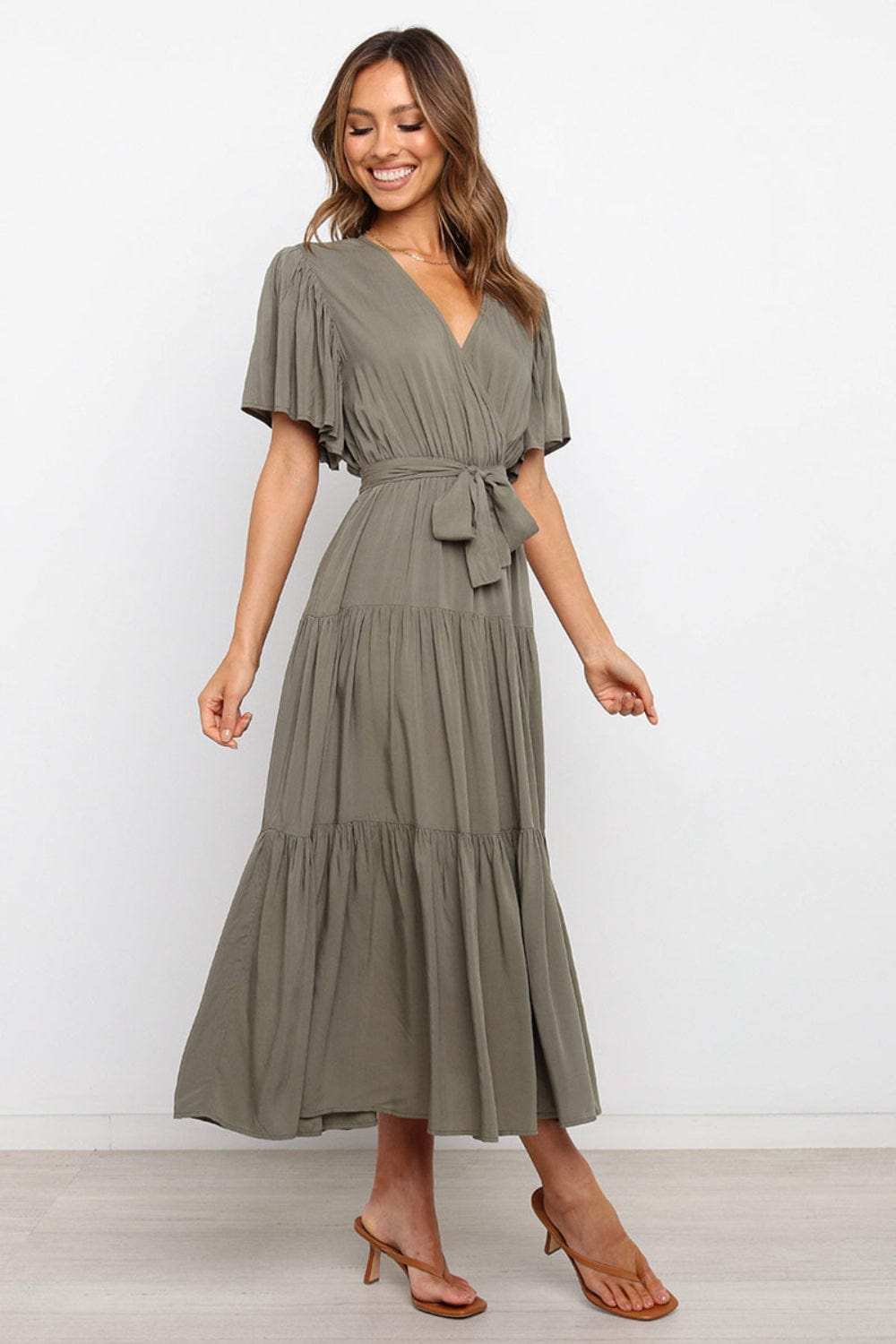 Tied Tiered Short Sleeve Midi Dress - Trendsi - Flyclothing LLC