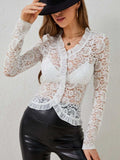 Ruffled V-Neck Long Sleeve Lace Top - Trendsi - Flyclothing LLC