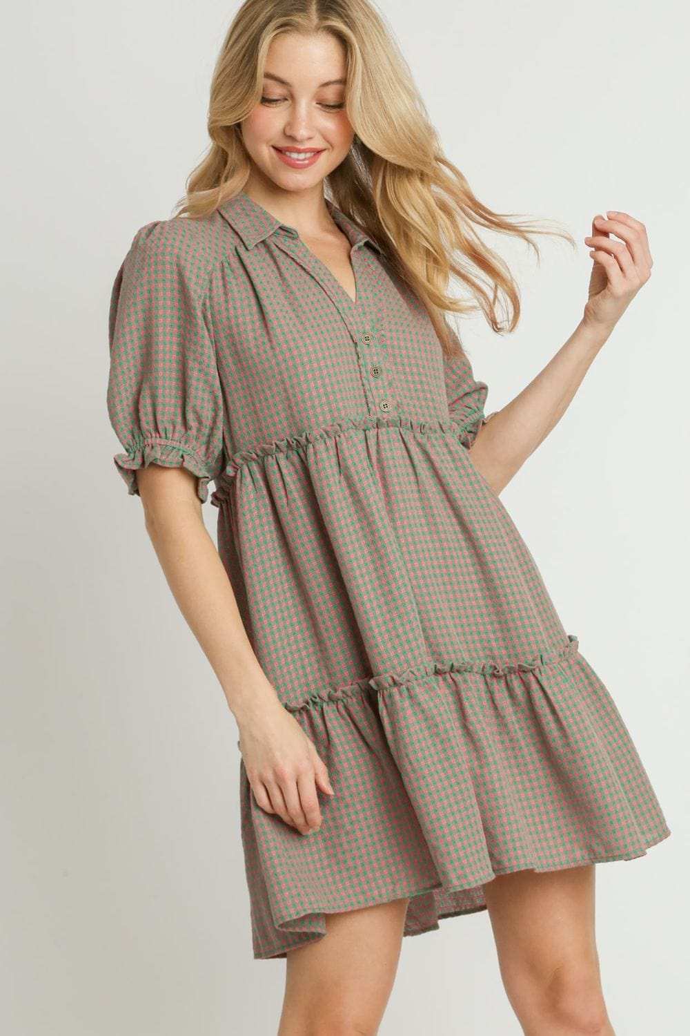 Umgee Full Size Plaid Frill Button Detail Ruffled Short Sleeve Dress Plus Size - Trendsi - Flyclothing LLC