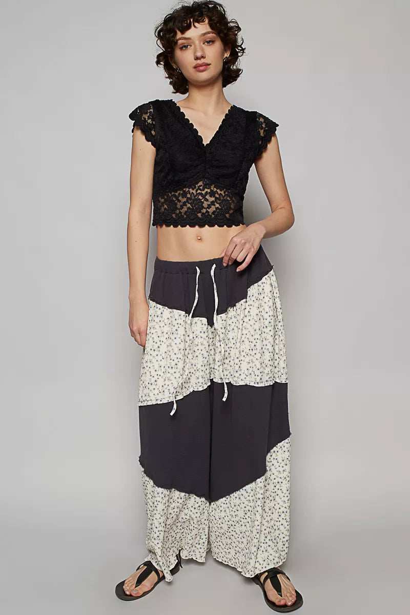 POL Contrast Floral Drawstring Wide Leg Pants - Trendsi - Flyclothing LLC