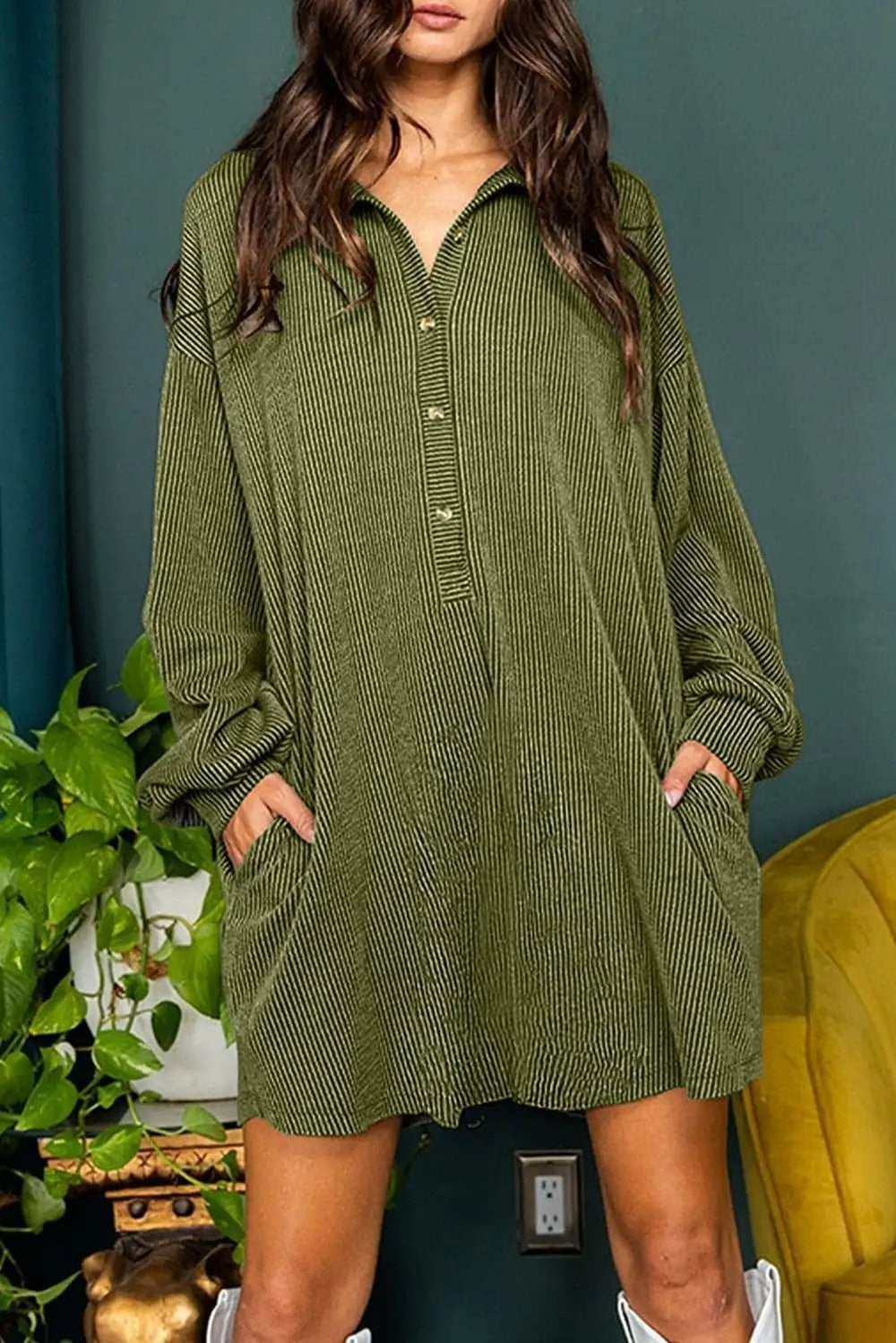 Half Button Collared Neck Long Sleeve Dress - Trendsi - Flyclothing LLC
