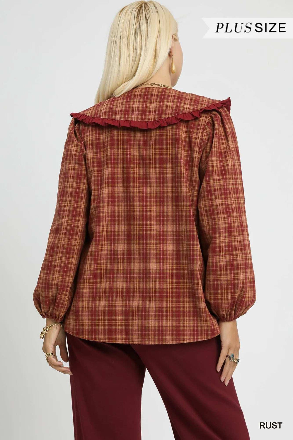Umgee Full Size Plaid Ruffle Collar Blouse Plus Size - Trendsi - Flyclothing LLC