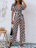 Printed Surplice Tie Waist Short Sleeve Jumpsuit - Trendsi - Flyclothing LLC
