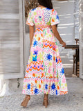 Devine Smocked Printed V-Neck Short Sleeve Maxi Dress - Trendsi - Flyclothing LLC