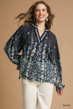 Umgee Full Size Floral Vine Print Blouse with Balloon Sleeves Plus Size - Trendsi - Flyclothing LLC
