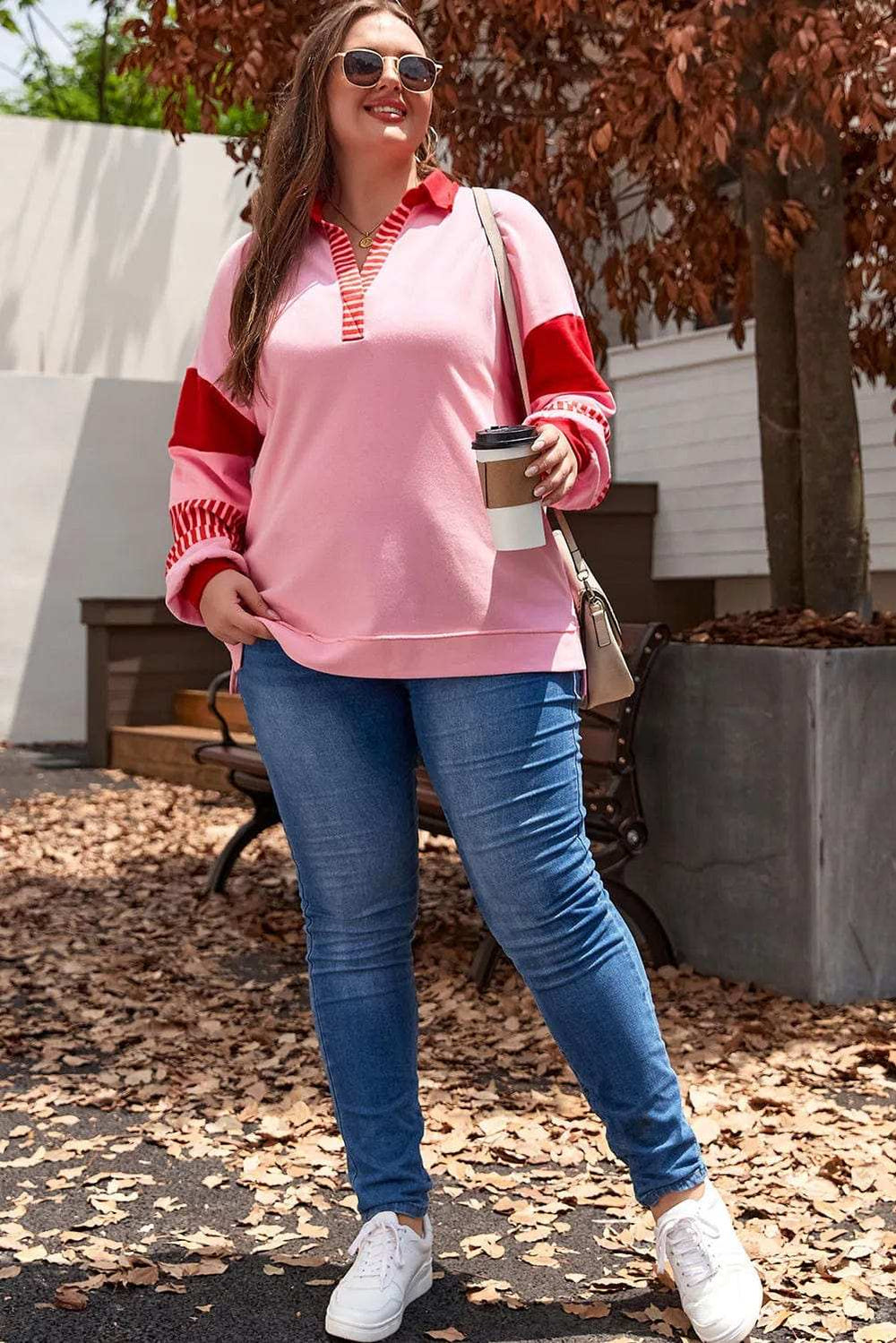Plus Size Color Block Johnny Collar Long Sleeve Sweatshirt - Trendsi - Flyclothing LLC