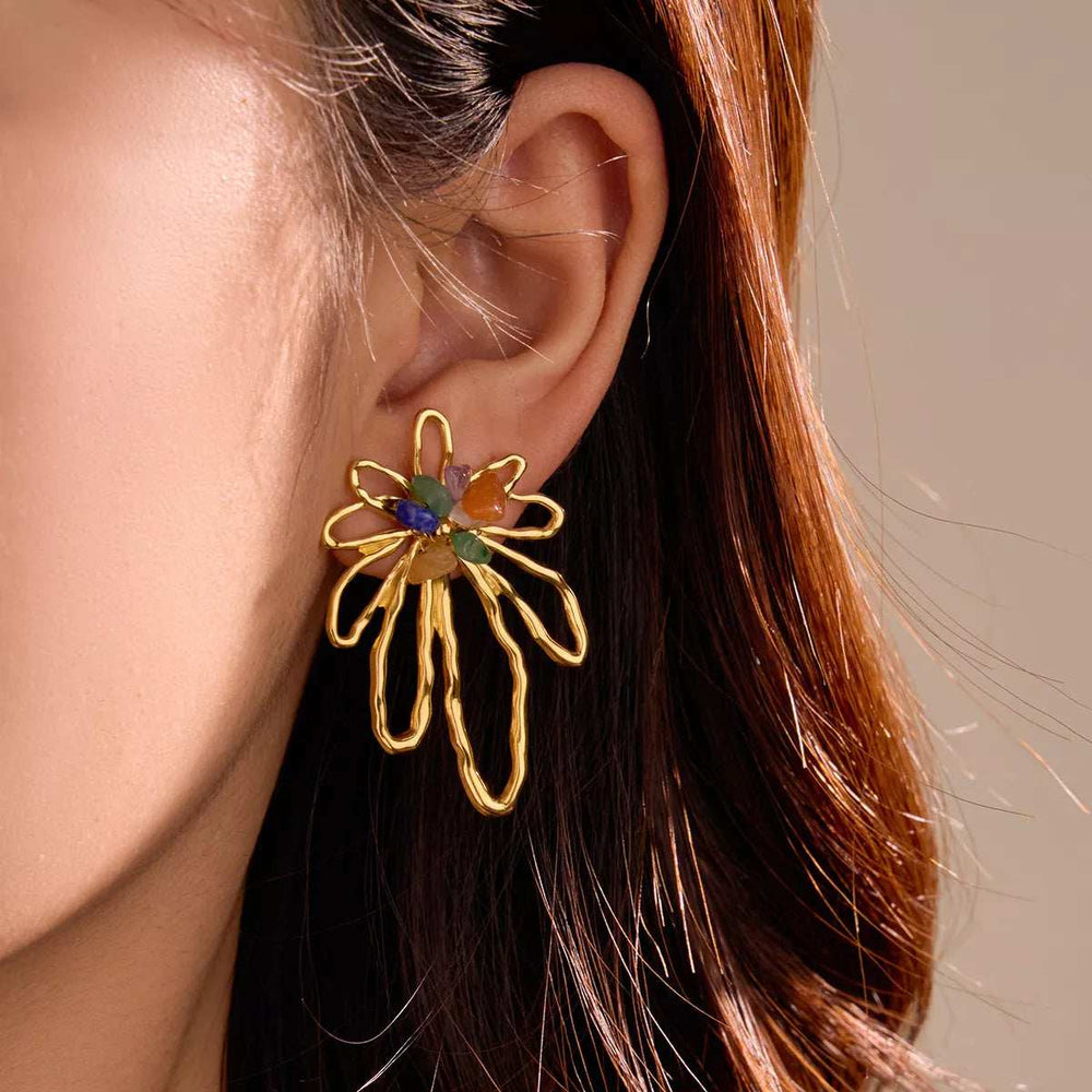 18K Gold-Plated Natural Stone Flower Earrings - Trendsi - Flyclothing LLC