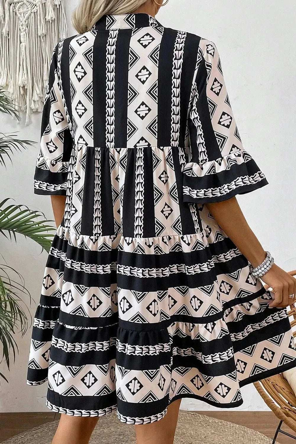 Tiered Printed Notched Half Sleeve Dress - Trendsi - Flyclothing LLC