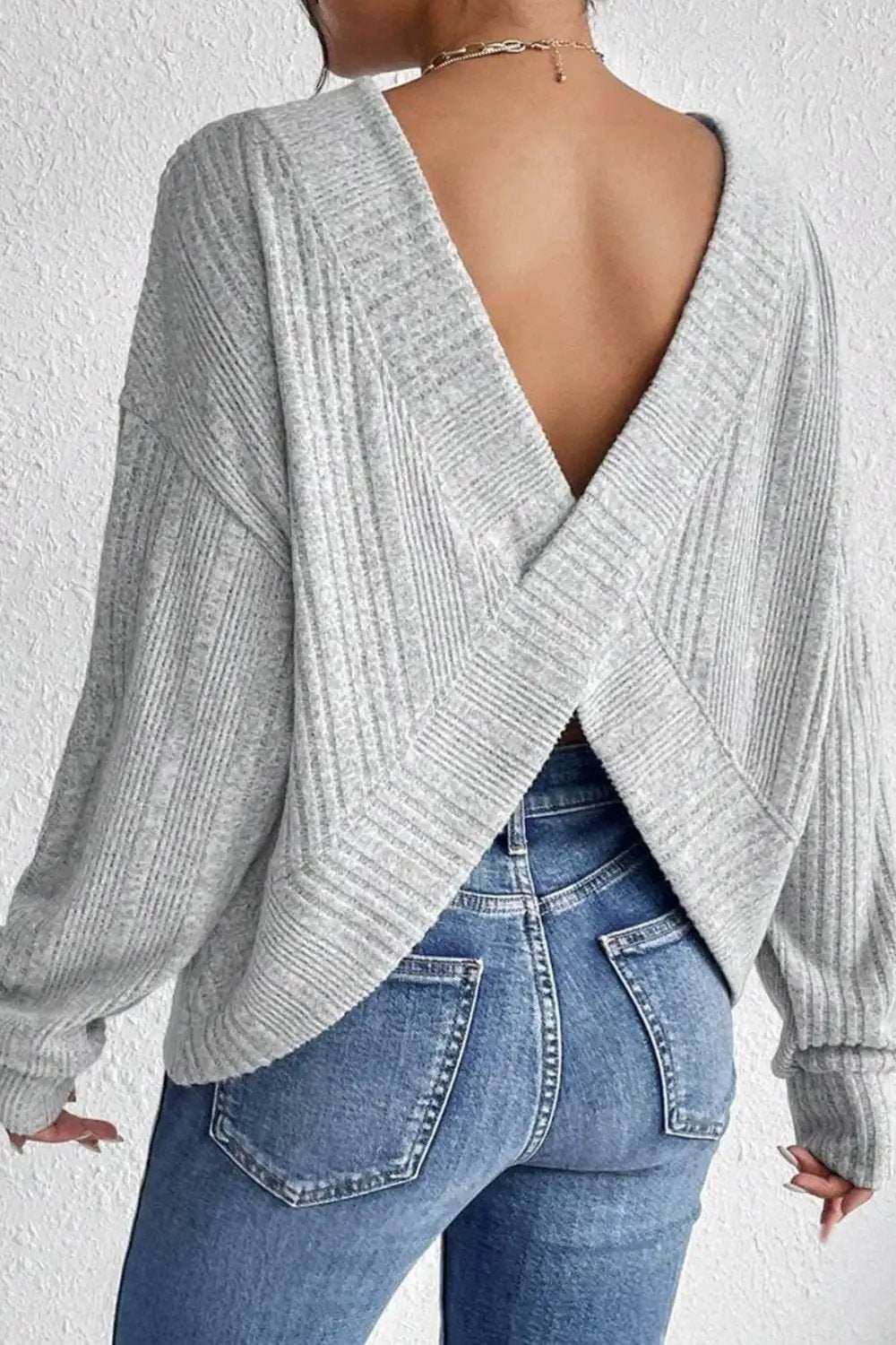 Crossover Backless Long Sleeve Knit Top - Trendsi - Flyclothing LLC