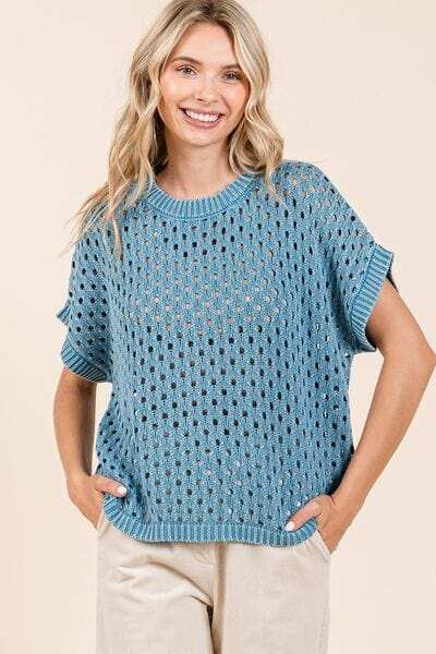 Mittoshop Mineral Wash Openwork Short Sleeve Knit Cover Up - Trendsi - Flyclothing LLC