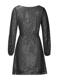 Sequin Tie Waist Long Sleeve Mini Dress - Trendsi - Flyclothing LLC