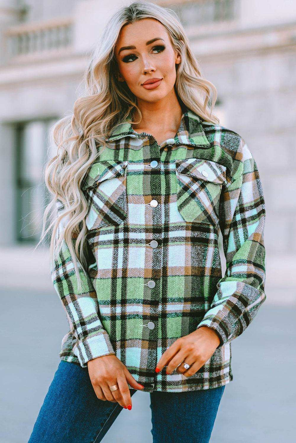 Plaid Pocketed Button Down Shacket - Trendsi - Flyclothing LLC