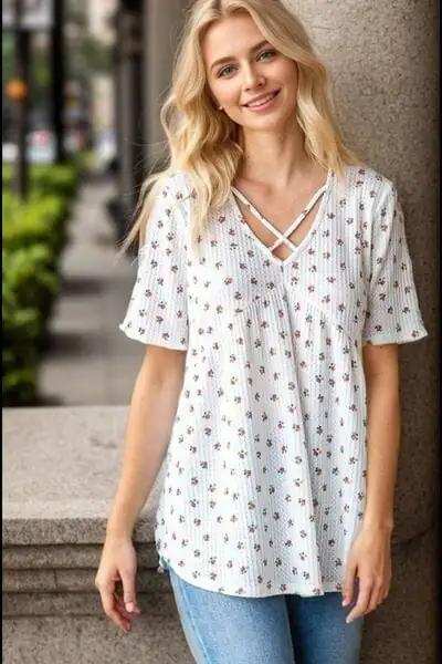 Heimish Full Size Crisscross Ditsy Floral Babydoll Top Plus Size - Trendsi - Flyclothing LLC