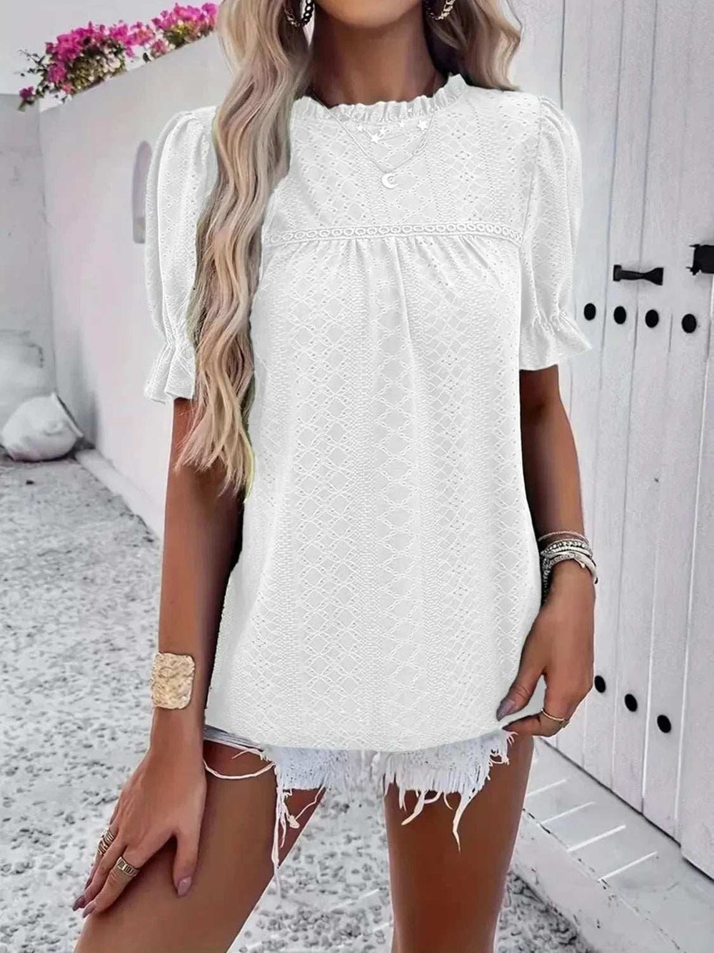 Frill Round Neck Short Sleeve Blouse - Trendsi - Flyclothing LLC