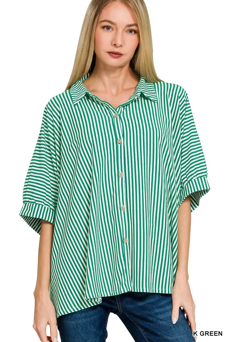 Zenana Oversized Stripe Button Down Shirt - Trendsi - Flyclothing LLC