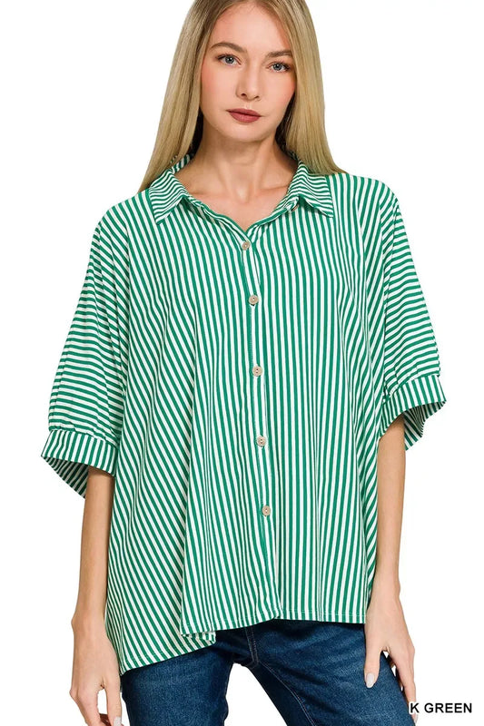 Zenana Oversized Stripe Button Down Shirt - Trendsi - Flyclothing LLC