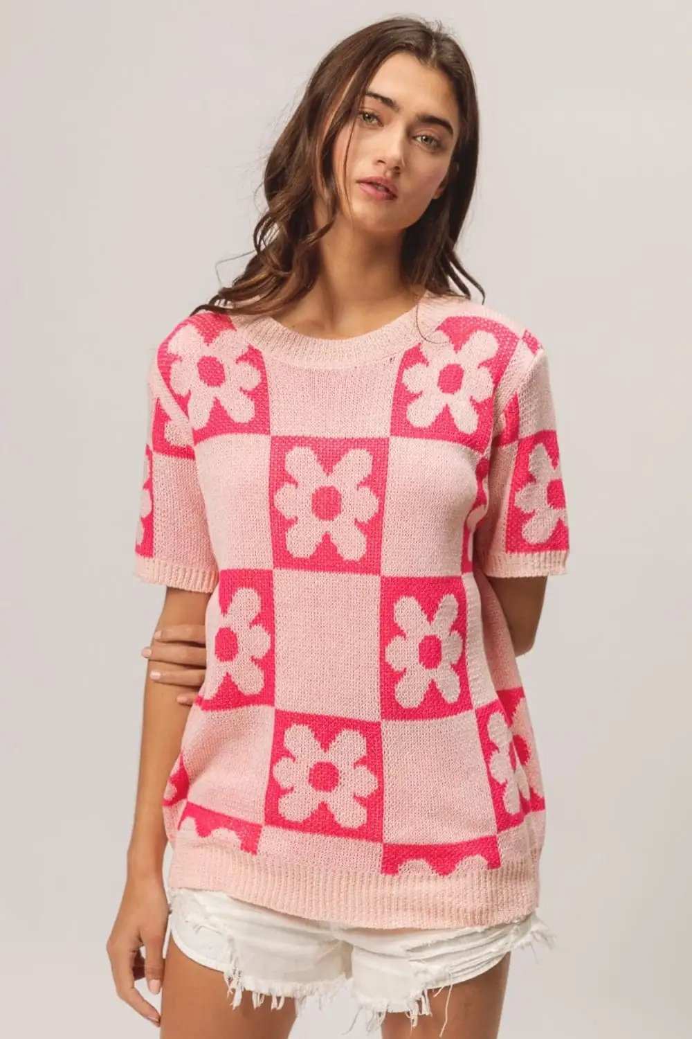 BiBi Flower Checker Pattern Short Sleeve Sweater - Trendsi - Flyclothing LLC