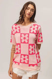 BiBi Flower Checker Pattern Short Sleeve Sweater - Trendsi - Flyclothing LLC