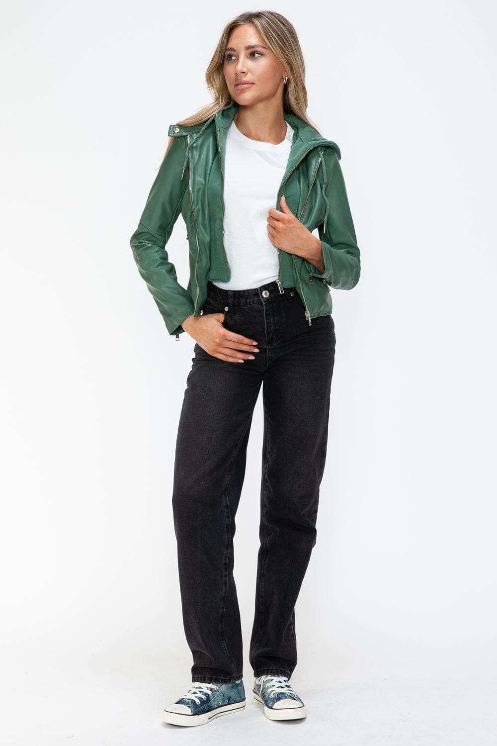 Snobbish Faux Leather Zip Up Drawstring Hooded Jacket - Trendsi - Flyclothing LLC