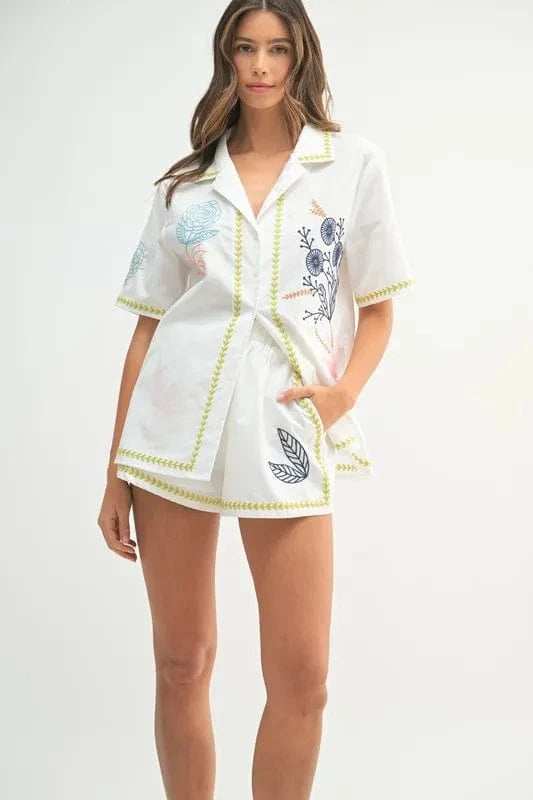 MABLE Embroidered Button Down Shirt and Shorts Set - Trendsi - Flyclothing LLC