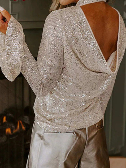 Sequin Mock Neck Bell Sleeve Top - Trendsi - Flyclothing LLC