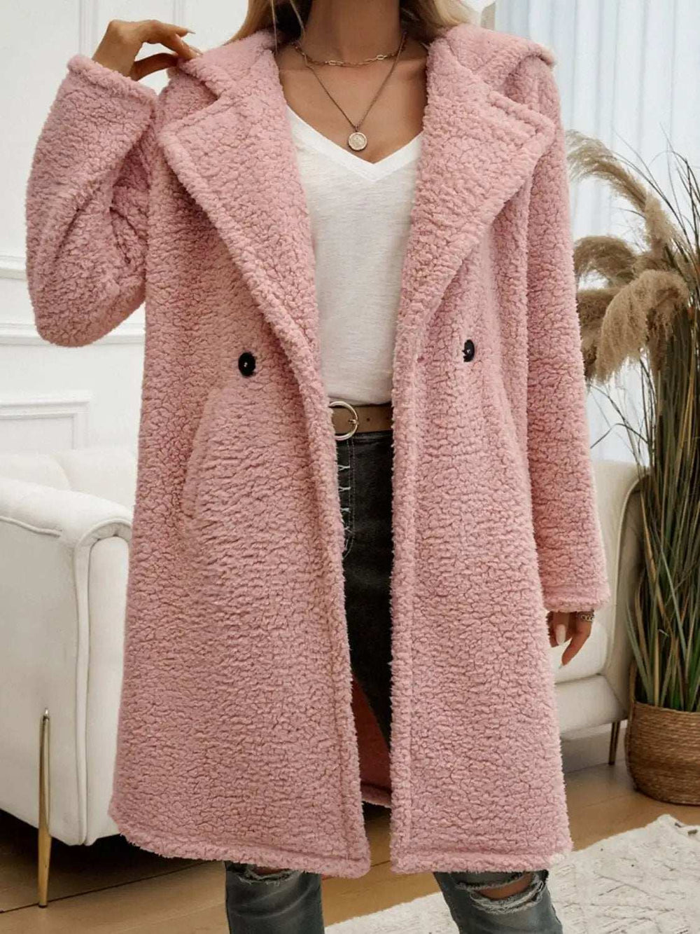 Devine Pocketed Long Sleeve Hooded Teddy Coat - Trendsi - Flyclothing LLC