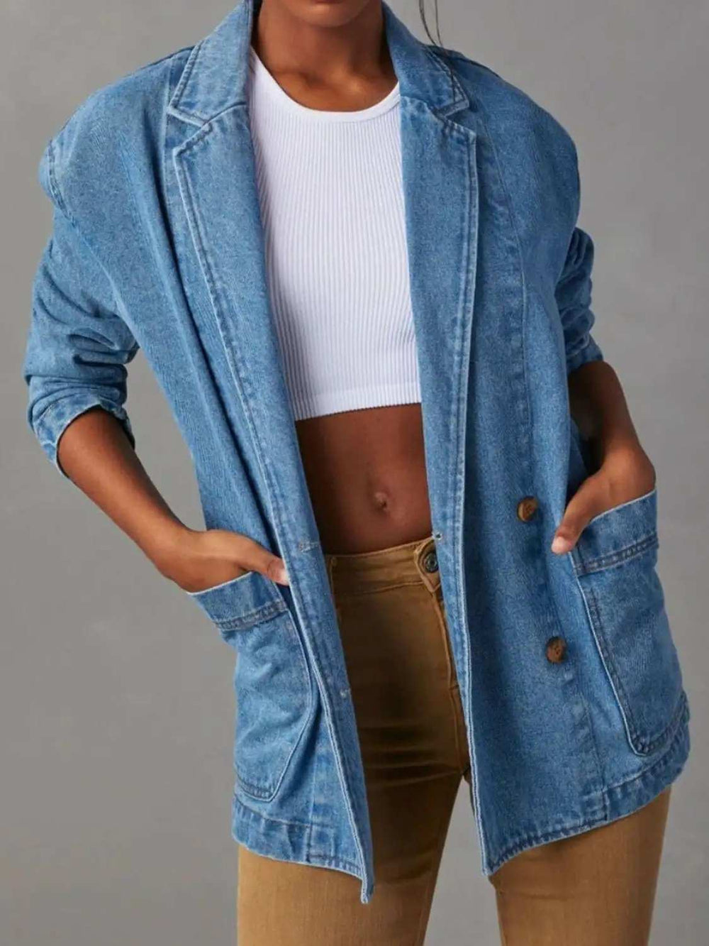 Pocketed Lapel Collar Long Sleeve Denim Jacket - Trendsi - Flyclothing LLC