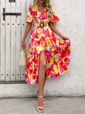 Printed V-Neck Flutter Sleeve Midi Dress - Trendsi - Flyclothing LLC