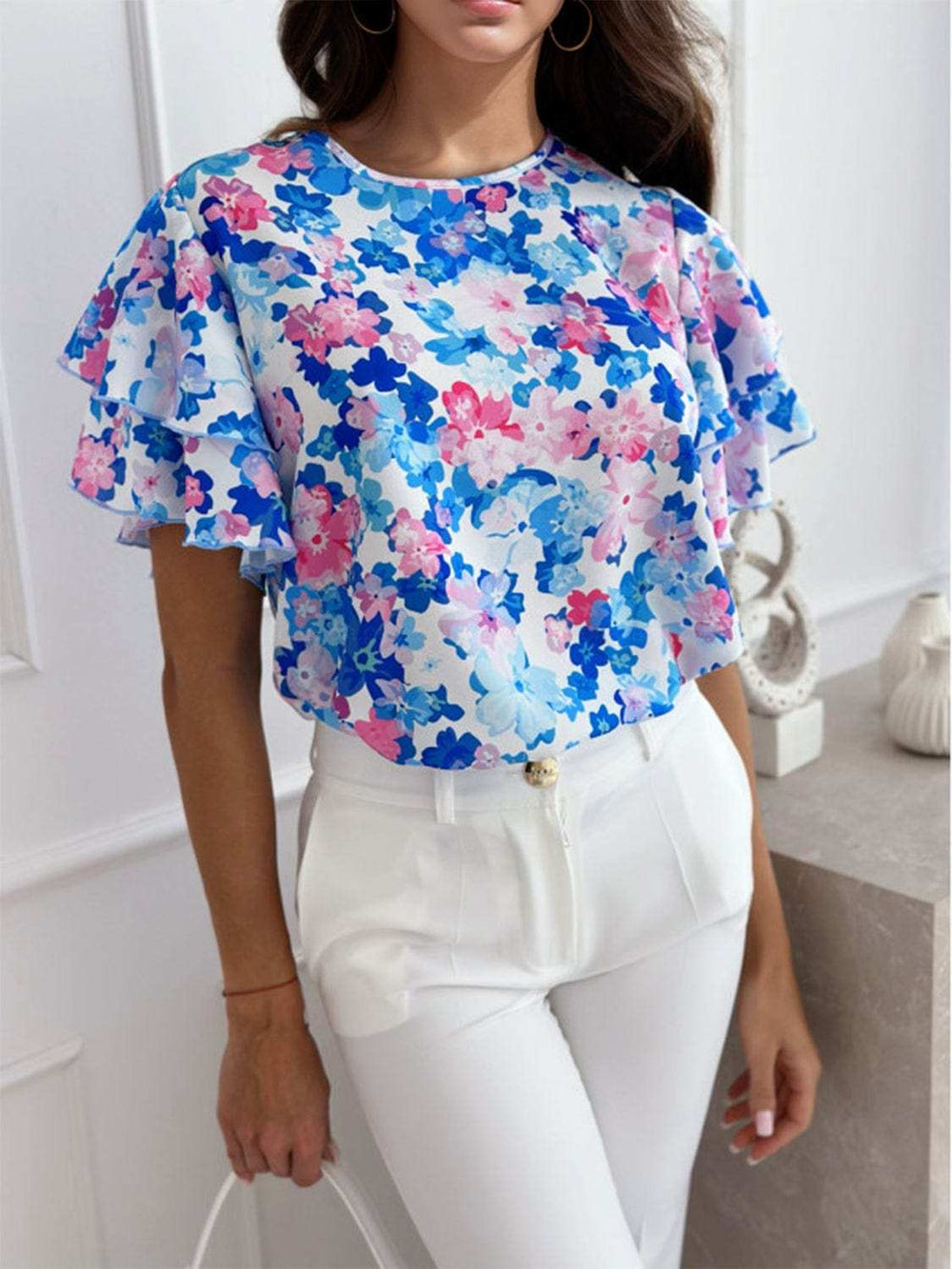 Floral Round Neck Flutter Sleeve Blouse - Trendsi - Flyclothing LLC