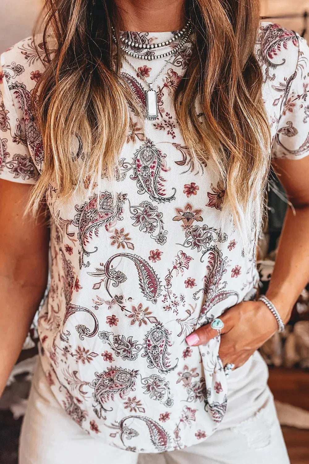 Paisley Mock Neck T Shirt - Trendsi - Flyclothing LLC