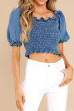 Puff Sleeve Smocked Cropped Denim Top - Trendsi - Flyclothing LLC