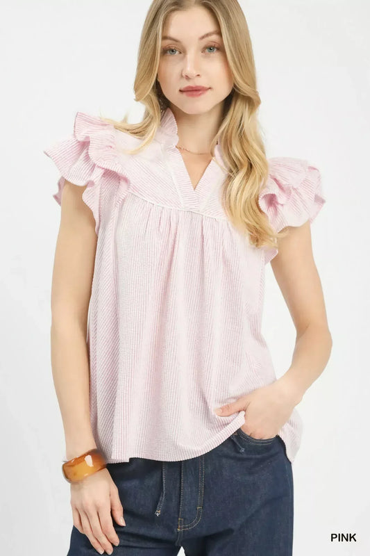 Umgee Ruffled Sleeve Textured Blouse - Trendsi - Flyclothing LLC