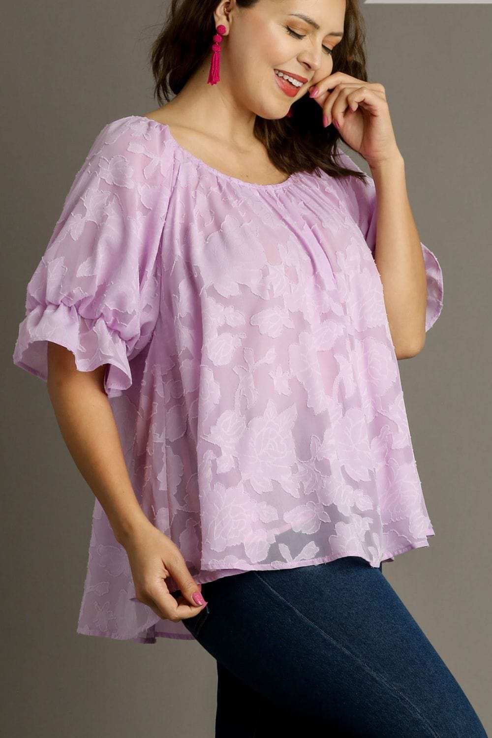 Umgee Full Size Jacquard Round Neck Ruffled Puff Sleeve Blouse Plus Size - Trendsi - Flyclothing LLC